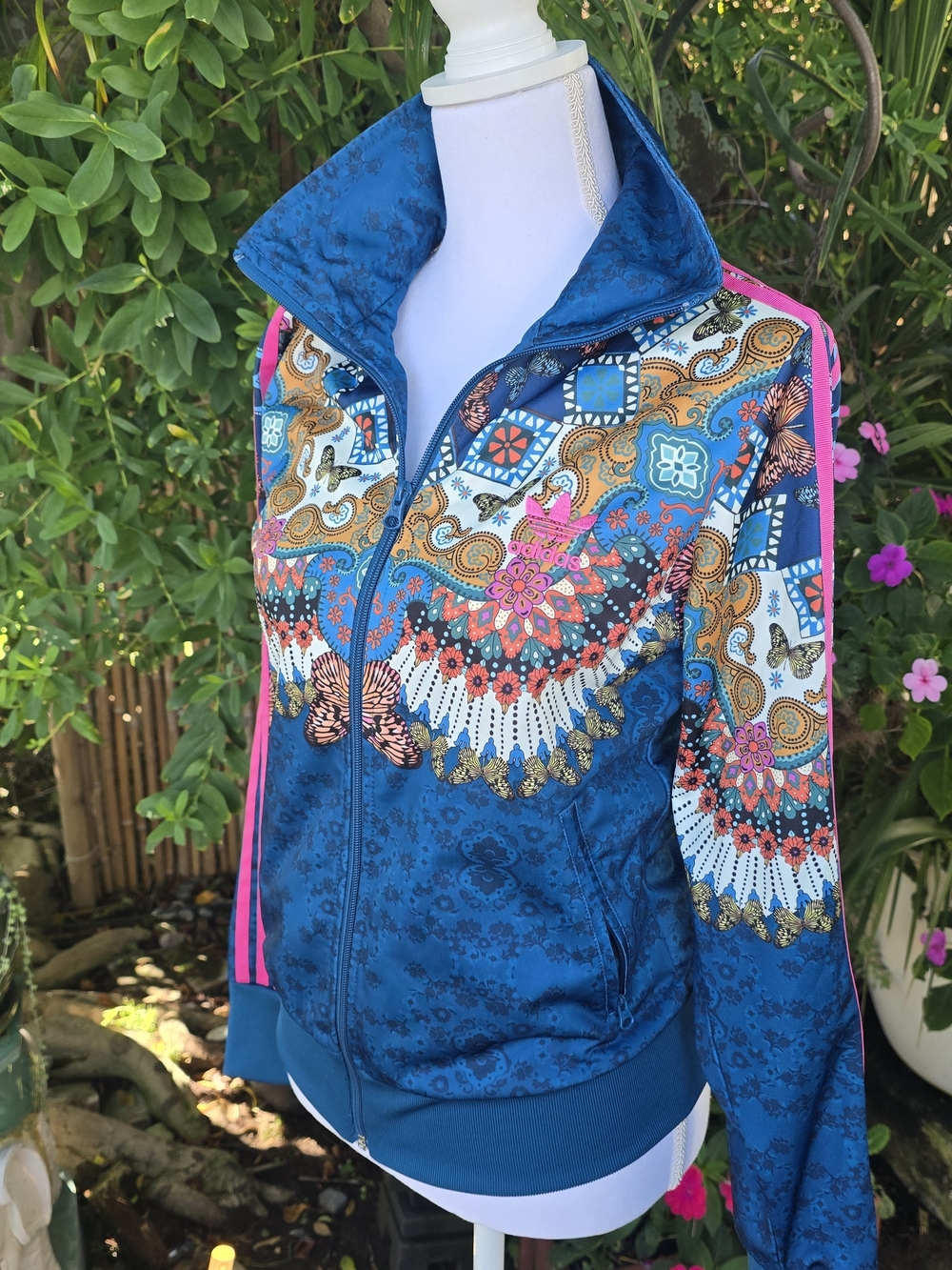 Adidas Original- Farm Rio Women's Blue Bomber Jacket with Pink Stripe Accents M - Picture 3 of 7